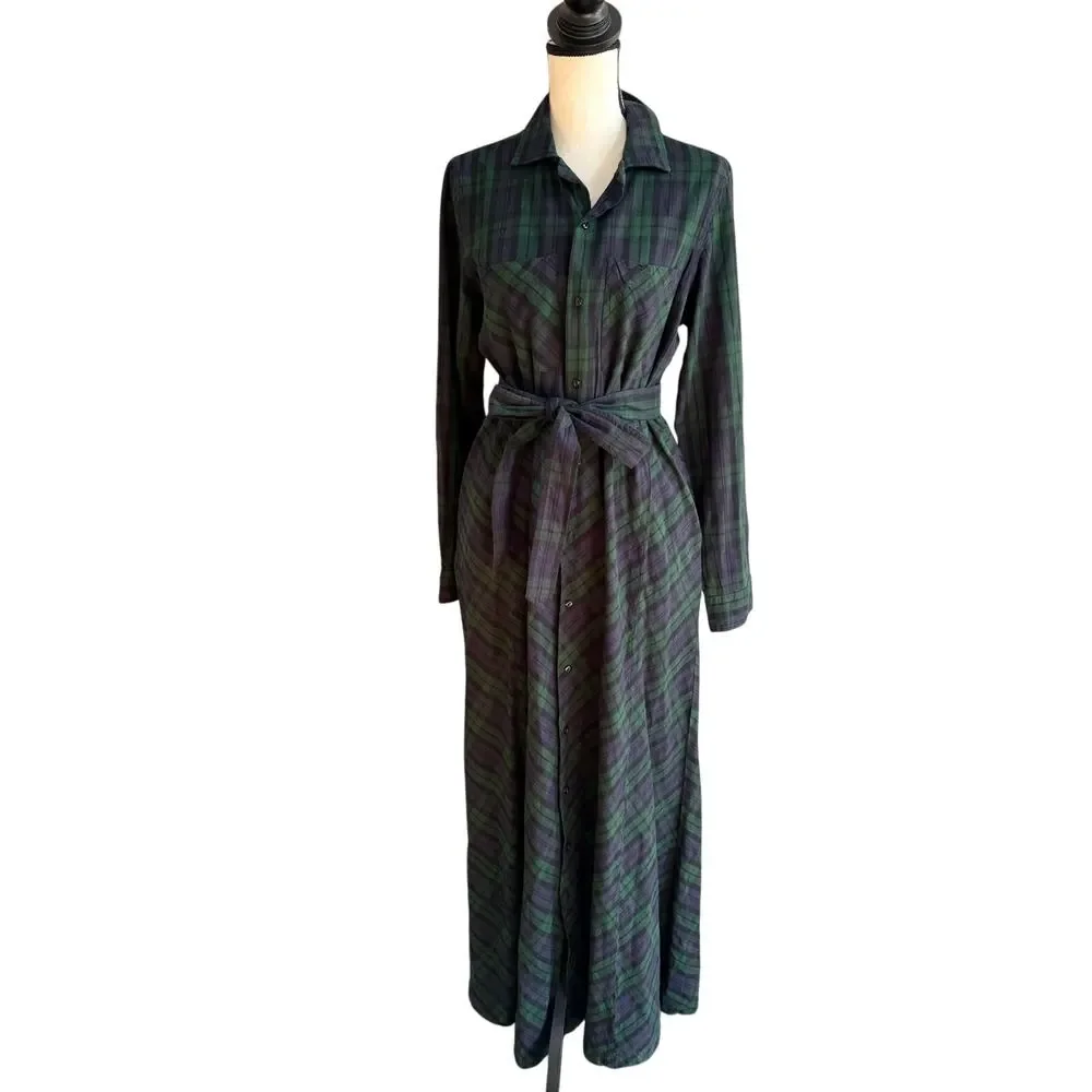 RRL Women's Ralph Lauren Black Watch Plaid Maxi Dress Green Navy Small - Picture 2 of 9